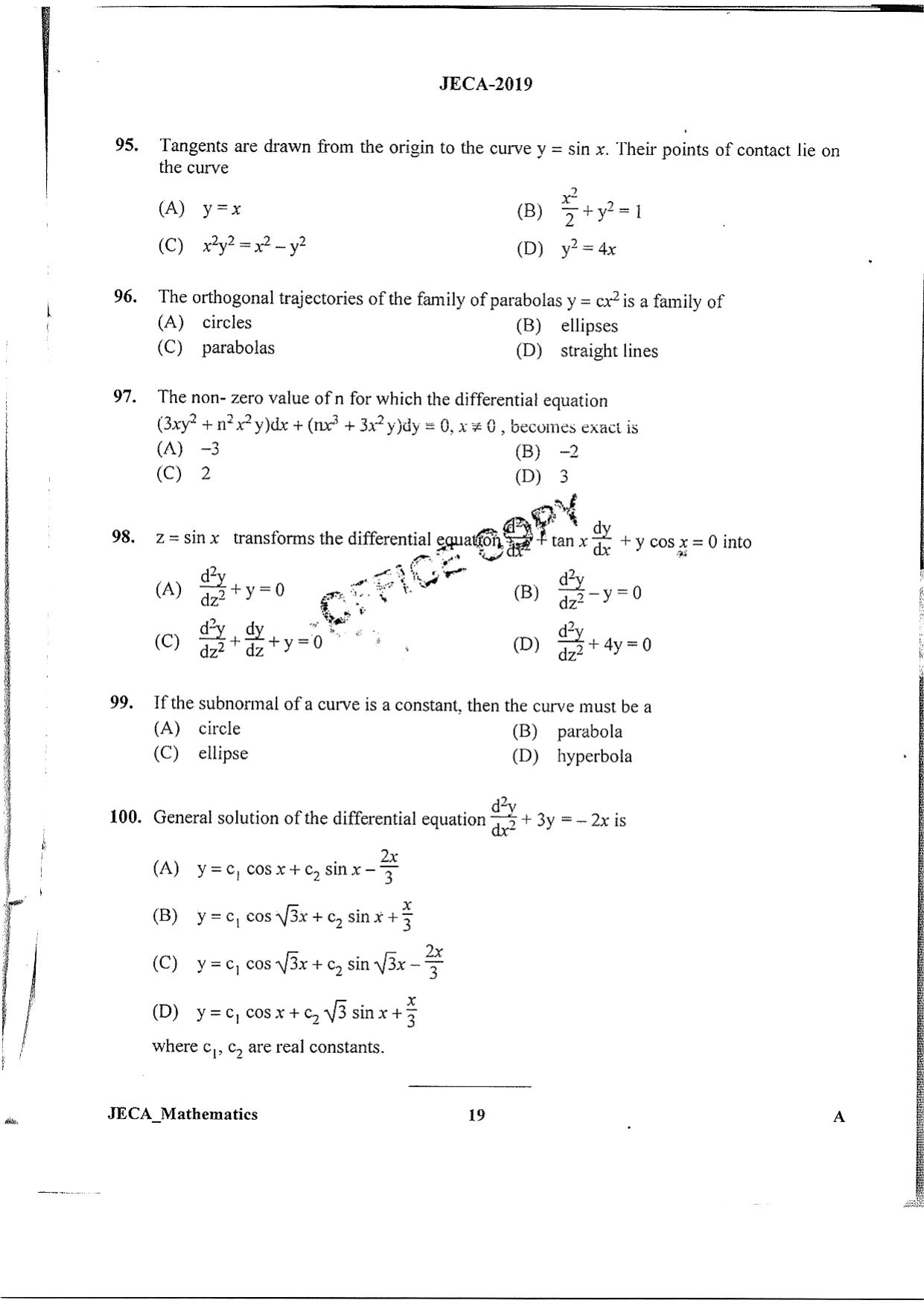 WB JECA 2019 Mathematics Question Paper - Page 19