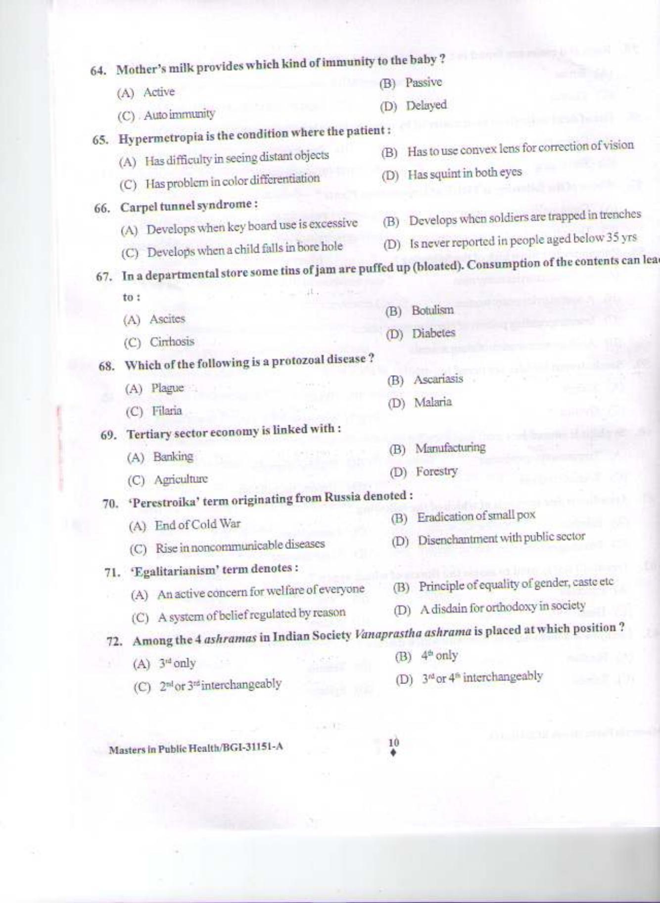 PU CET PG 2015: Master In Public Health Question Paper - Page 9