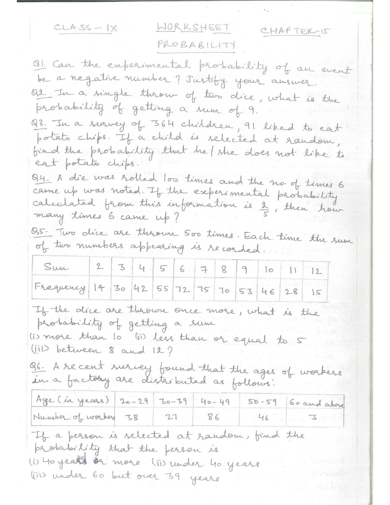 CBSE Worksheets for Class 9 Mathematics Probability Assignment 1 - Page 1