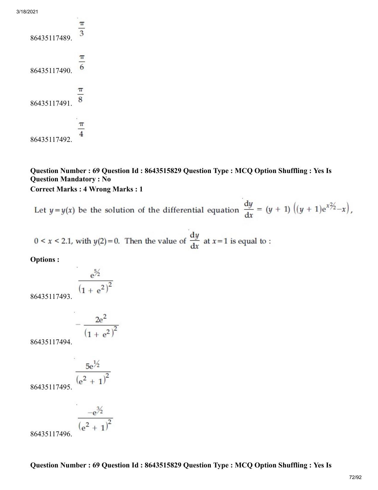 JEE Mains 2021: BTech EA (Shift 2) 18-03-2021 Question Paper - Page 72