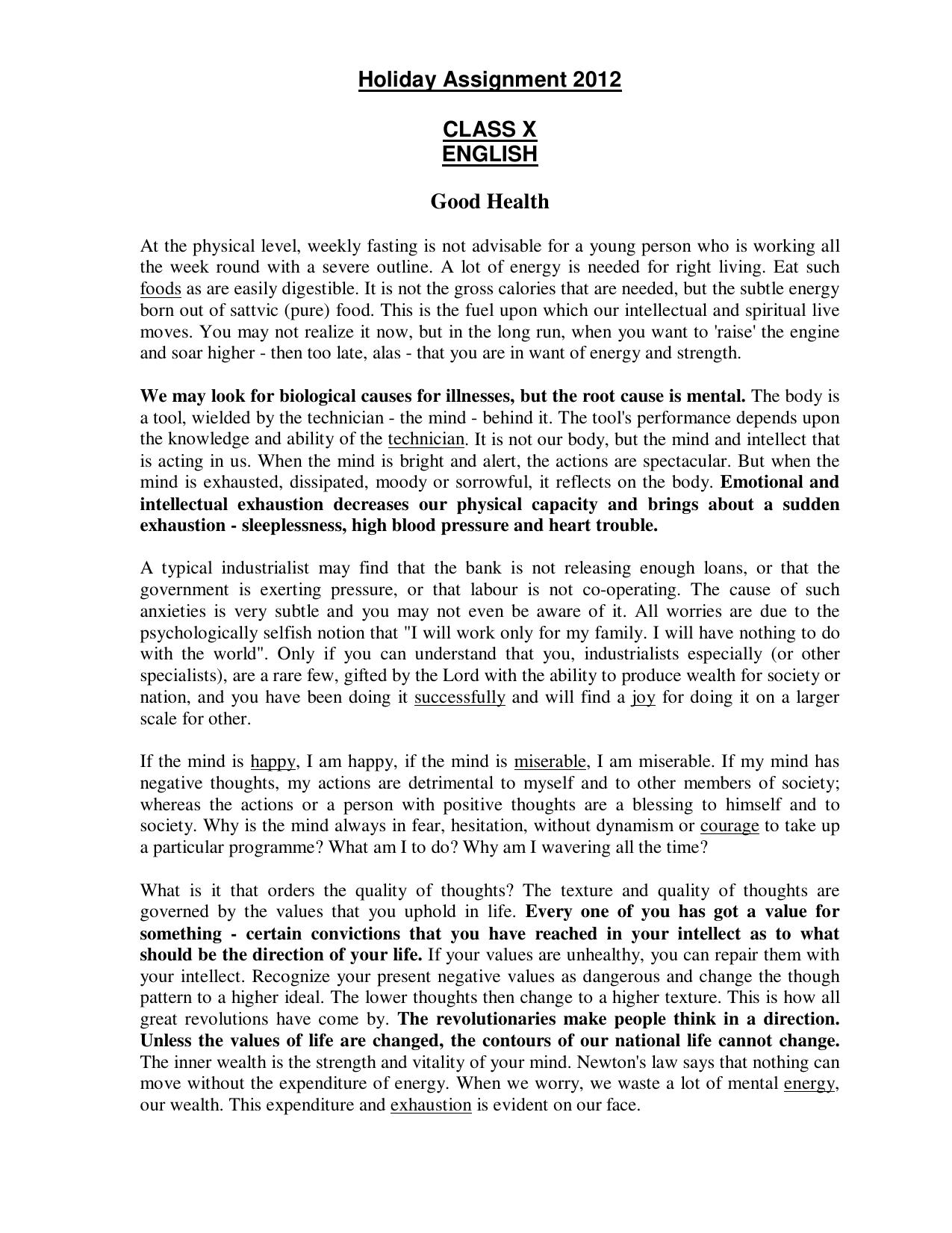 CBSE Worksheets for Class 10 English A Good Health Assignment - Page 1