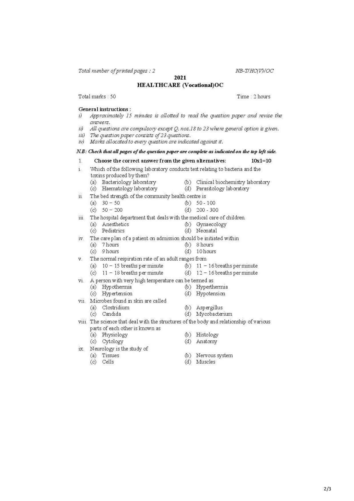 Nagaland Board Class 10 Healthcare 2021 Question Paper - Page 1