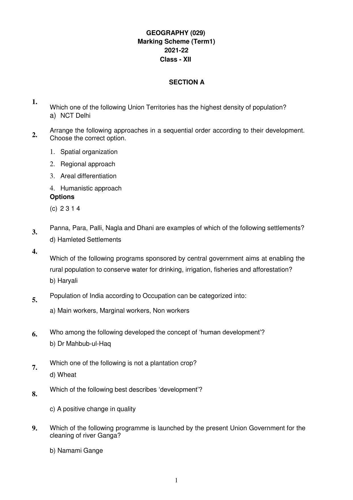 CBSE Class 12th Geography Sample Question Paper Answer Key 2021-22 - Page 1