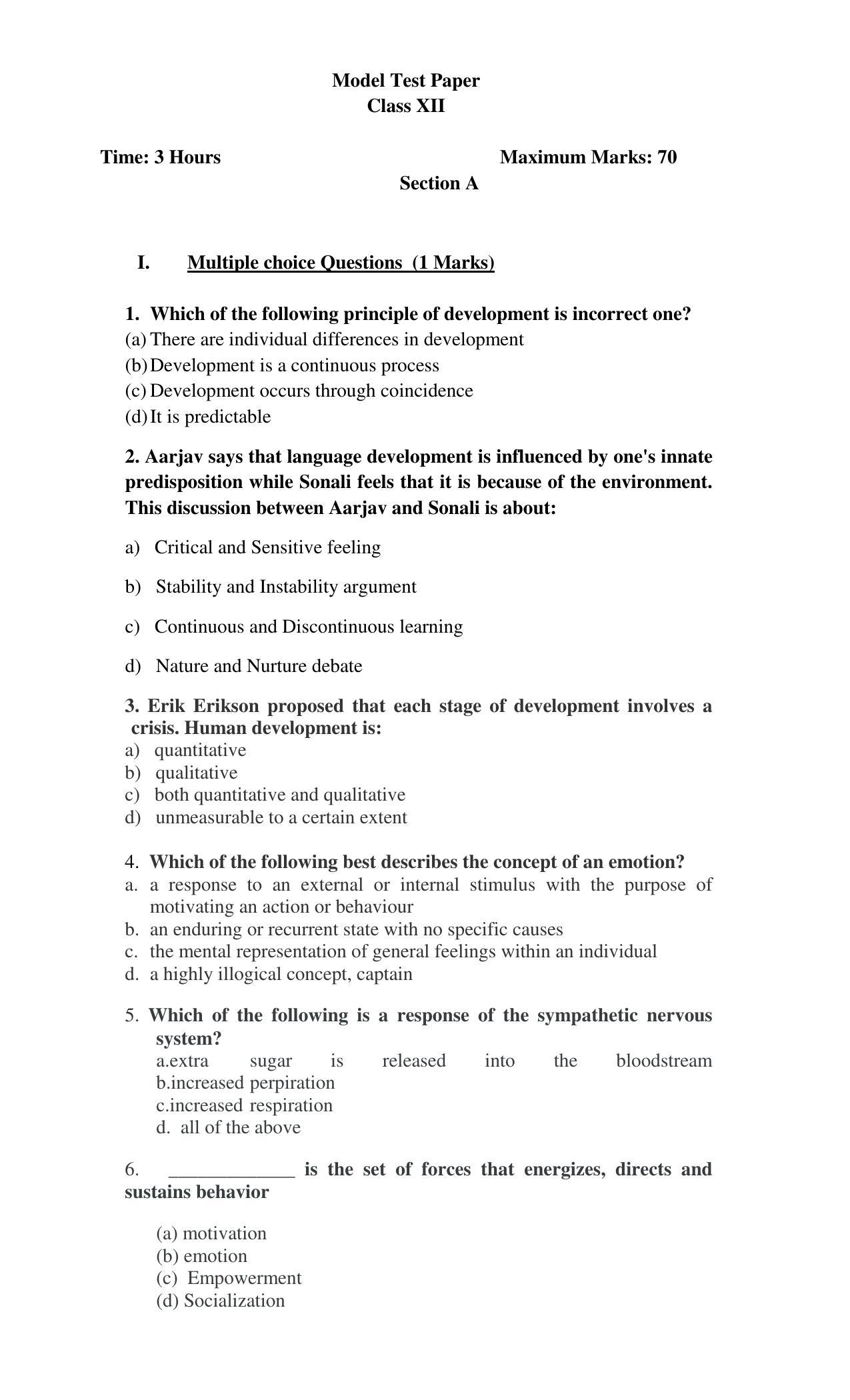 PSEB 12th Psychology Model Paper 2024 - Page 1