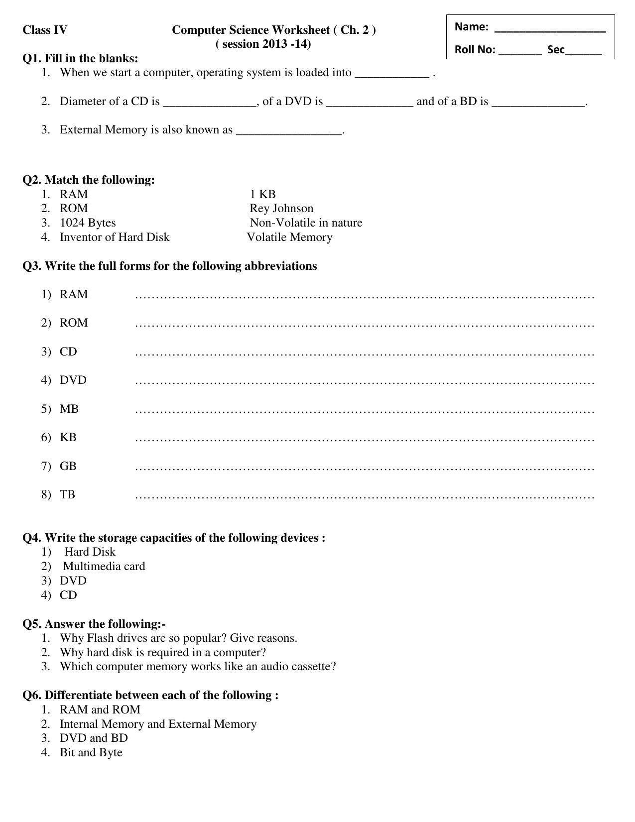 Worksheet for Class 4 Computers Assignment 7 Memory Drives - Page 1