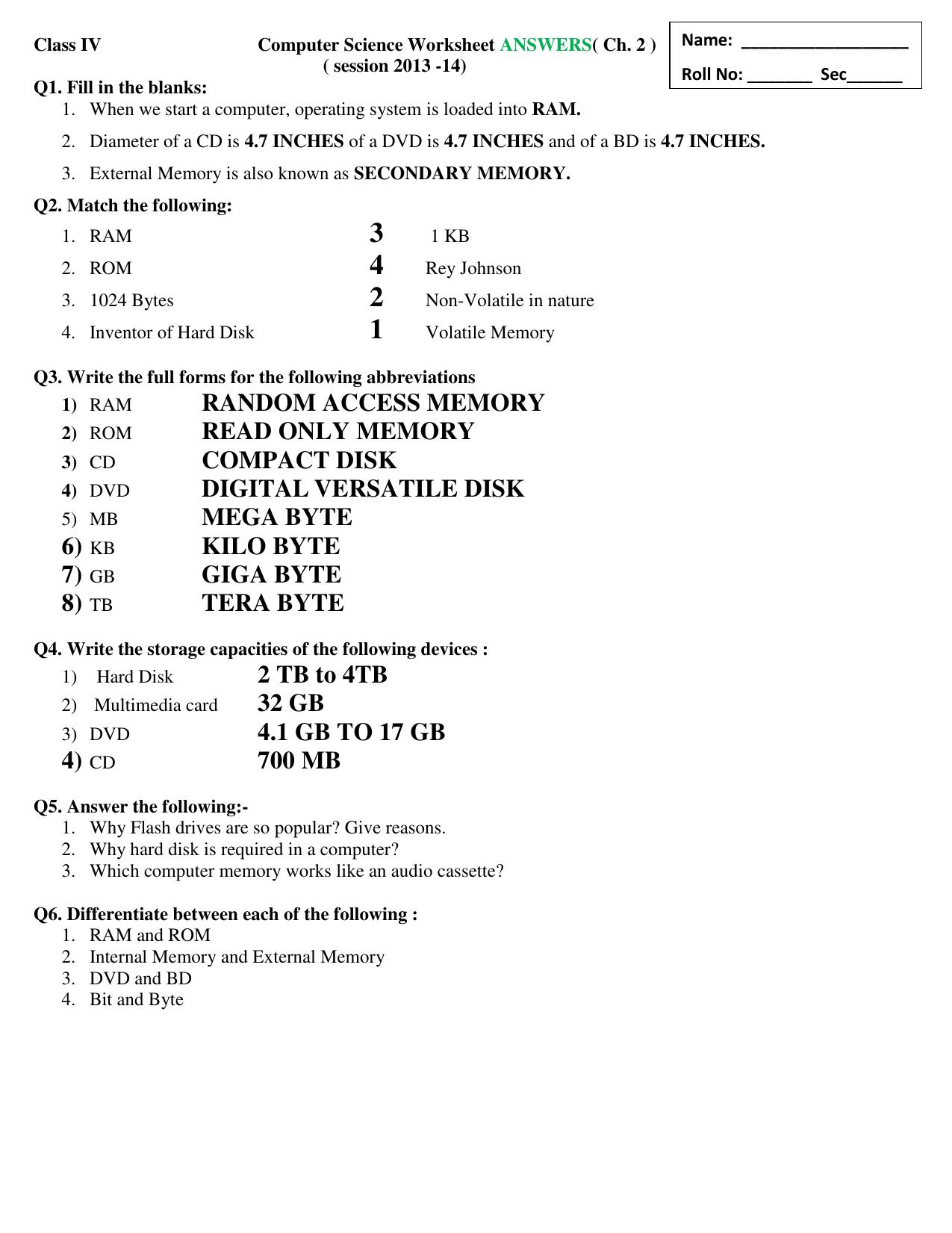 Worksheet for Class 4 Computers Assignment 7 Memory Drives - Page 2