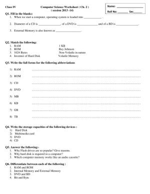 Worksheet for Class 4 Computers Assignment 7 Memory Drives