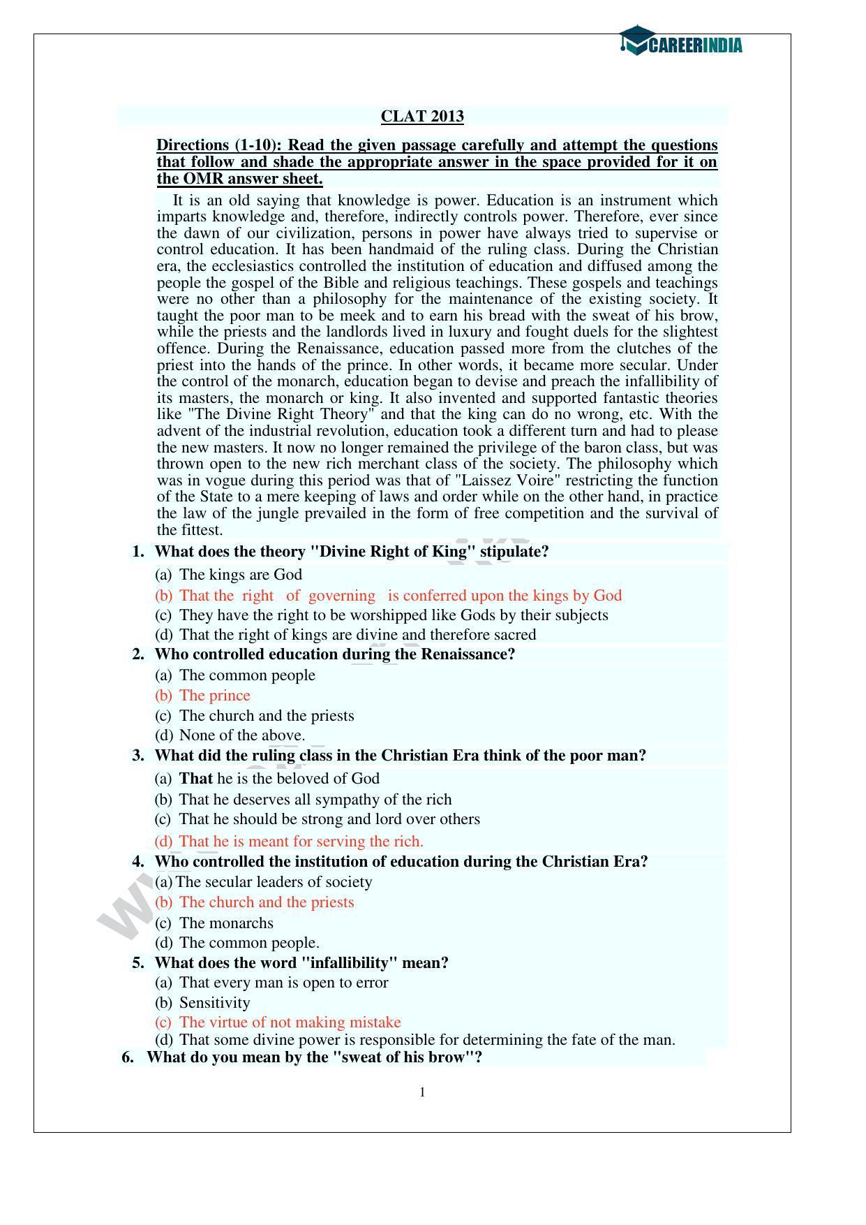 CLAT 2013 UG Question Paper with Answer Key - Page 1