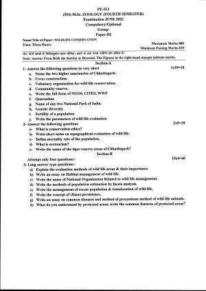 Bilaspur University Question Paper June 2022:M.Sc. Zoology (Fourth Semester) Wildlife Conservation Paper 1