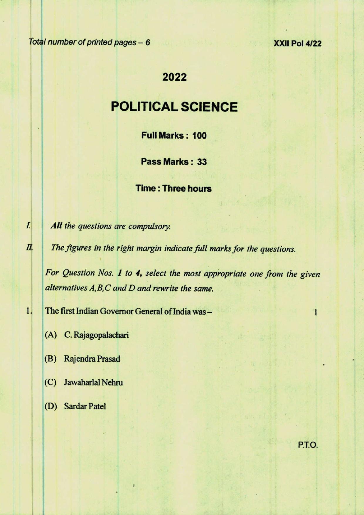 COHSEM 12th Question Papers 2022 Political Science - Page 1