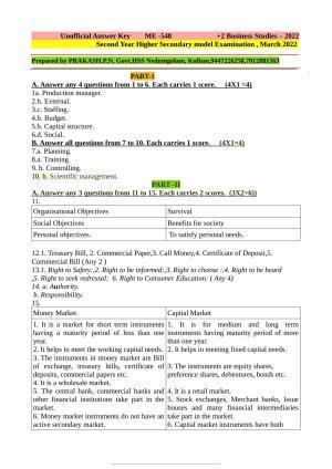 Kerala Plus Two 2022 Business Studies Model Answer Key