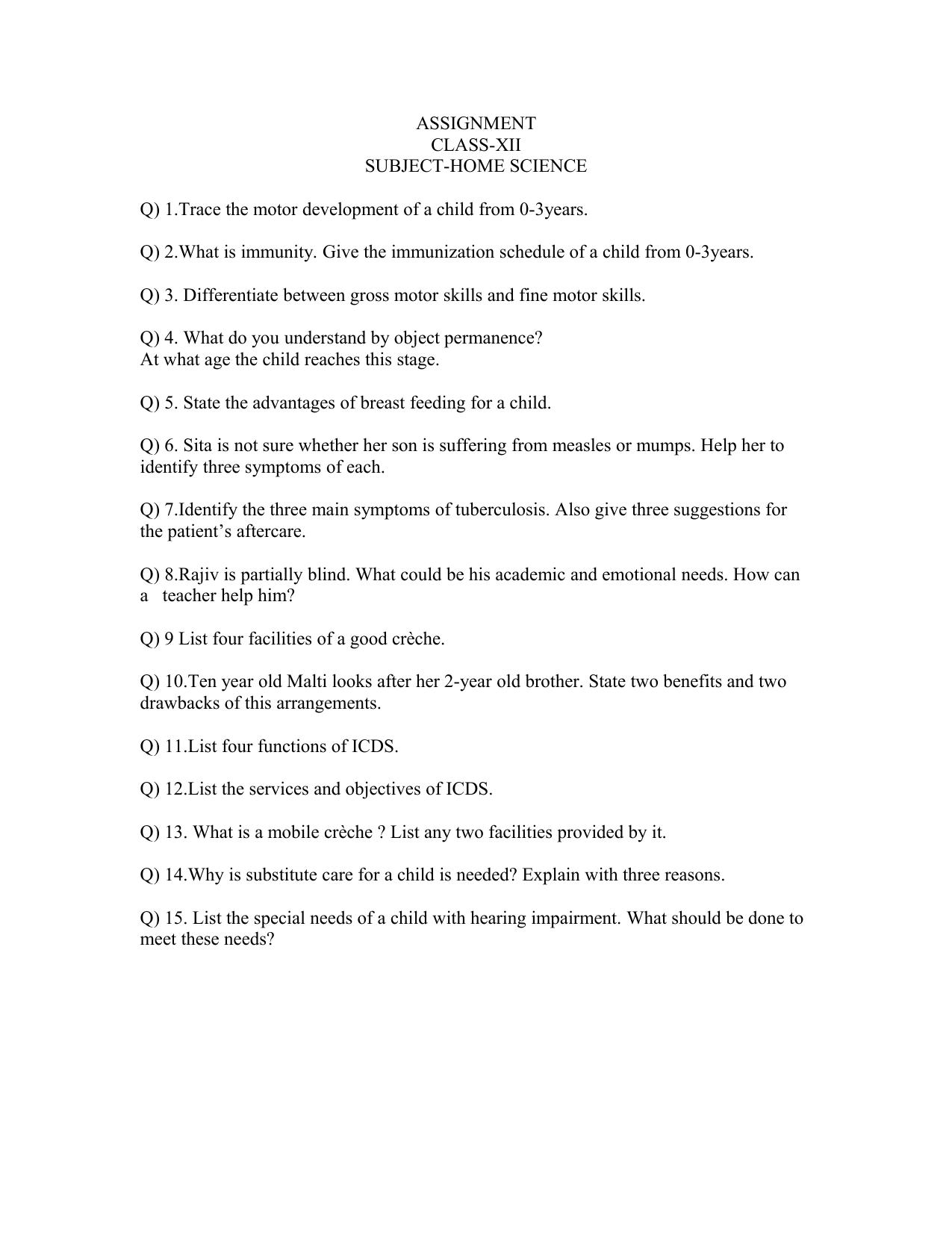 CBSE Work Sheets for Class 12 Home Science Assignment 3 - Page 1