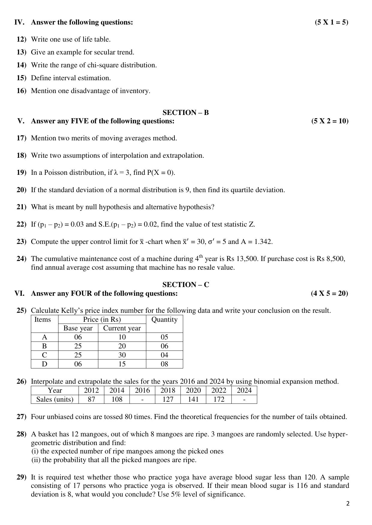 Karnataka II PUC Statistics Model Question Paper III 2025 - Page 2
