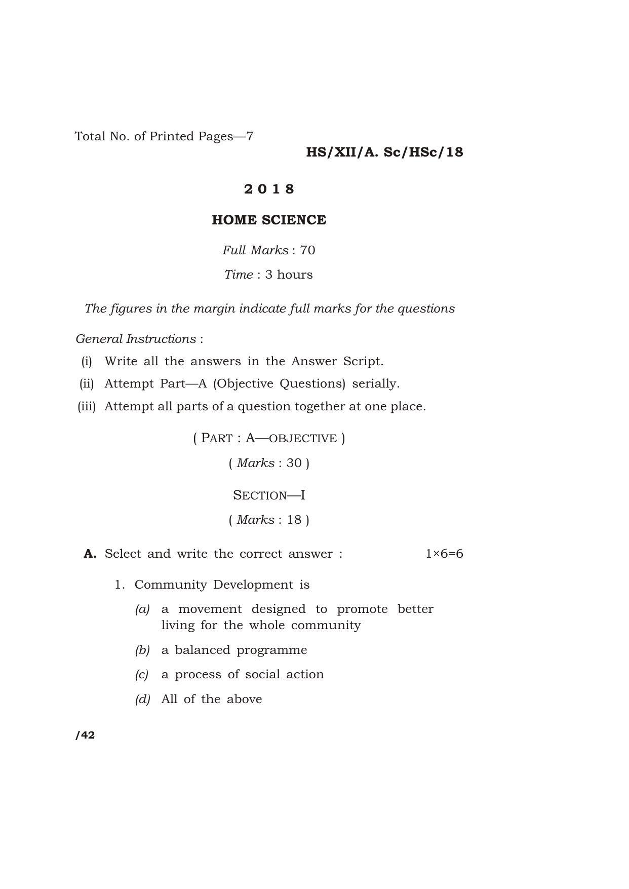 Meghalaya Board (MBOSE) Class 12 HOME SCIENCE 2018 Question Paper - Page 1