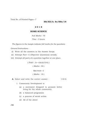 Meghalaya Board (MBOSE) Class 12 HOME SCIENCE 2018 Question Paper