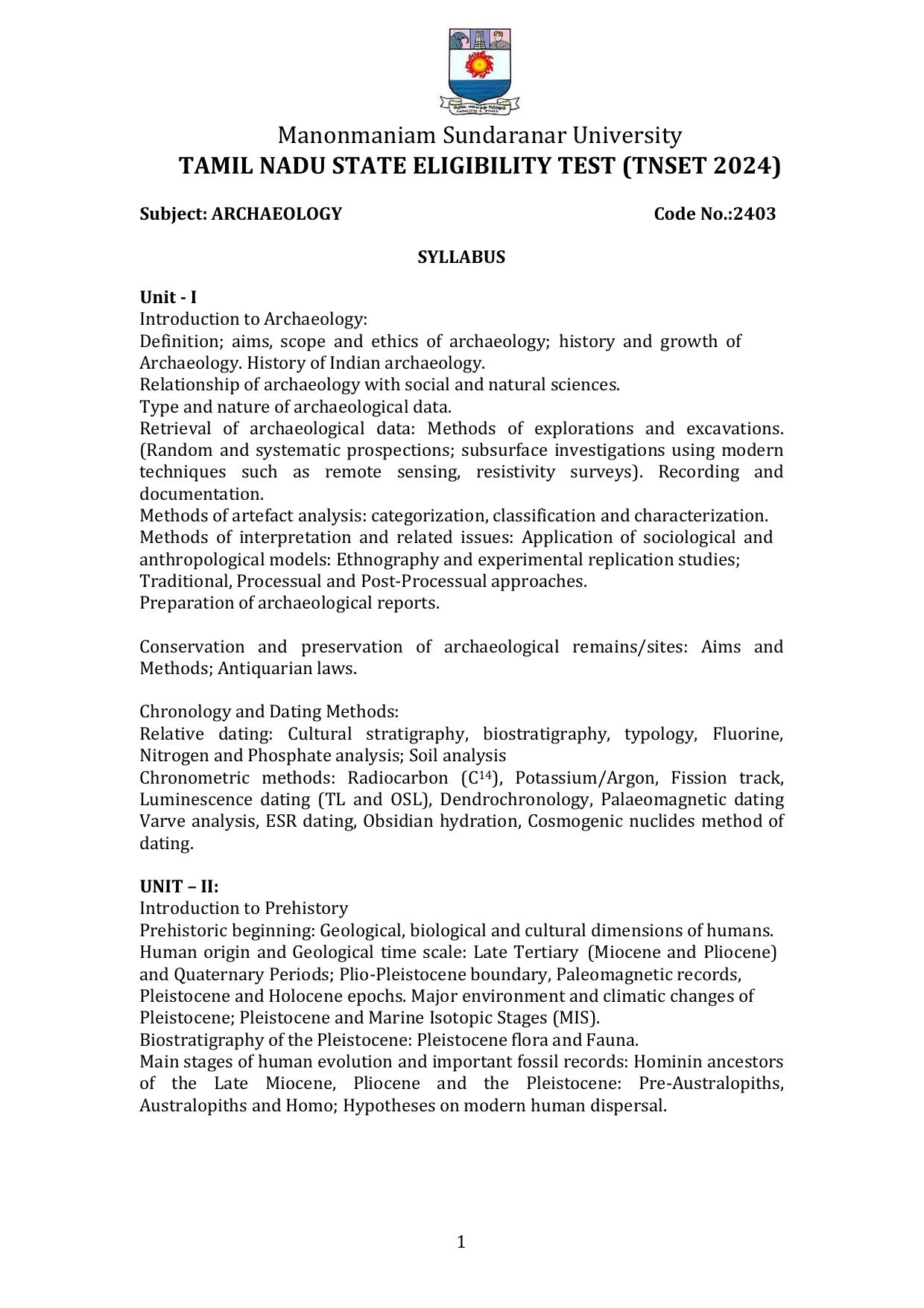 TNSET Syllabus - Archaeology - Page 1