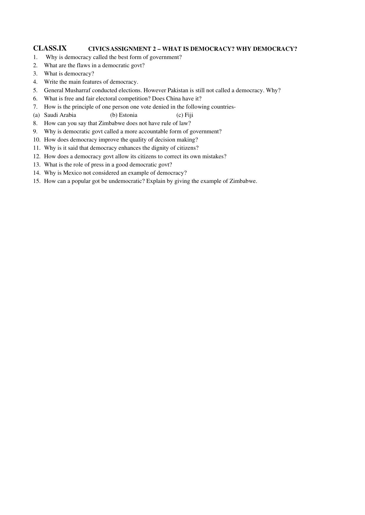 CBSE Worksheets for Class 9 Social Science Civics Assignment 2 - Page 1