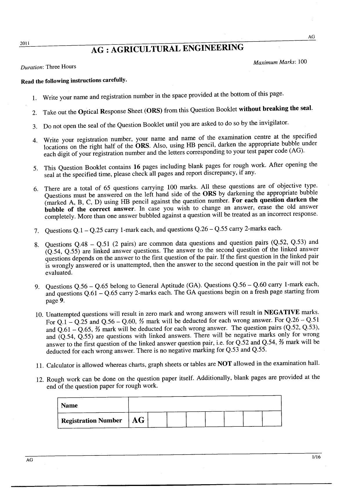 GATE 2011 Agricultural Engineering (AG) Question Paper with Answer Key - Page 1