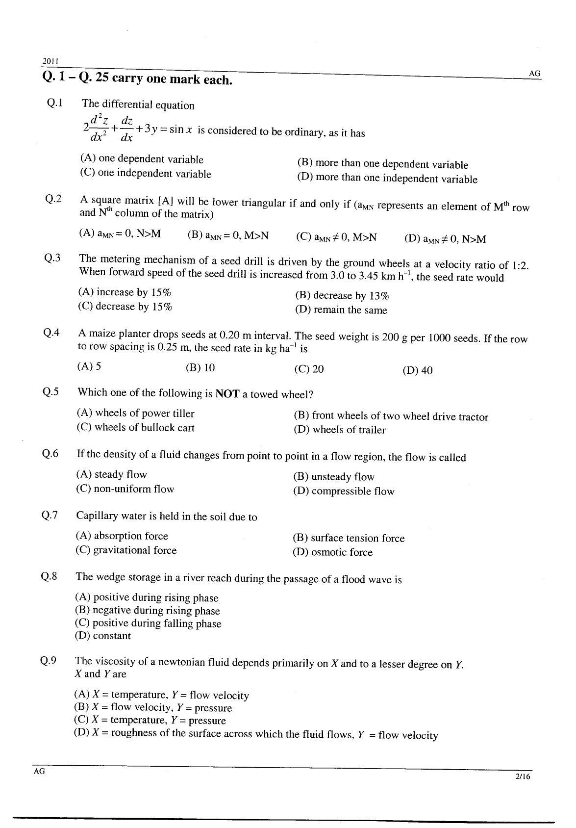 GATE 2011 Agricultural Engineering (AG) Question Paper with Answer Key - Page 2