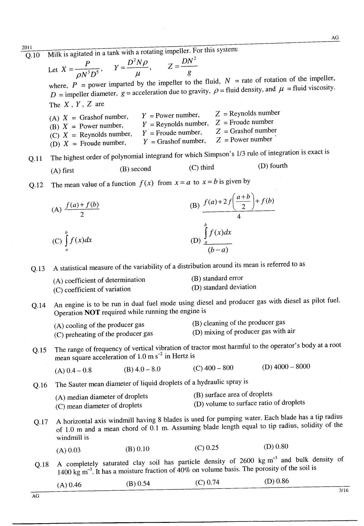 GATE 2011 Agricultural Engineering (AG) Question Paper with Answer Key - Page 3