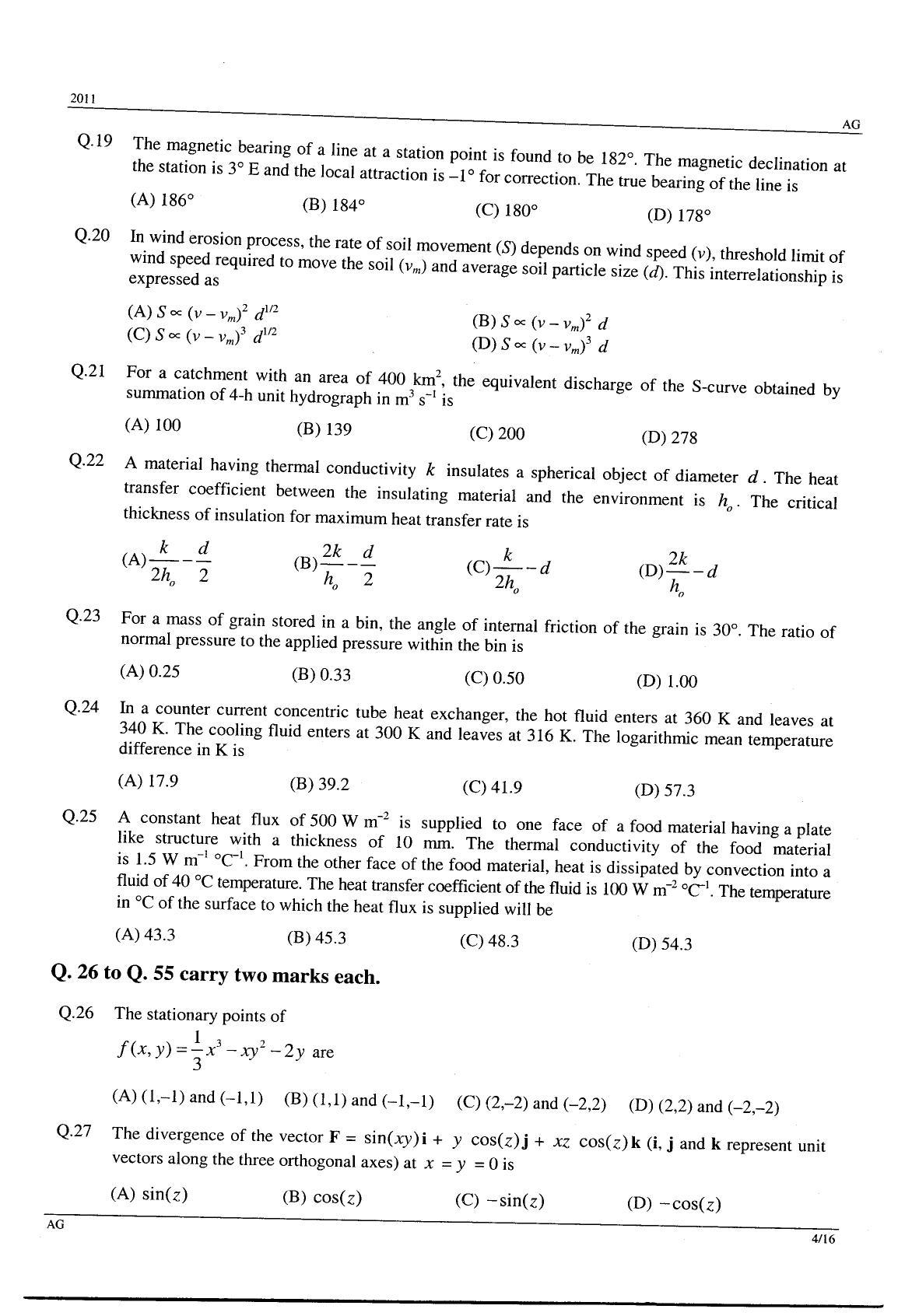 GATE 2011 Agricultural Engineering (AG) Question Paper with Answer Key - Page 4
