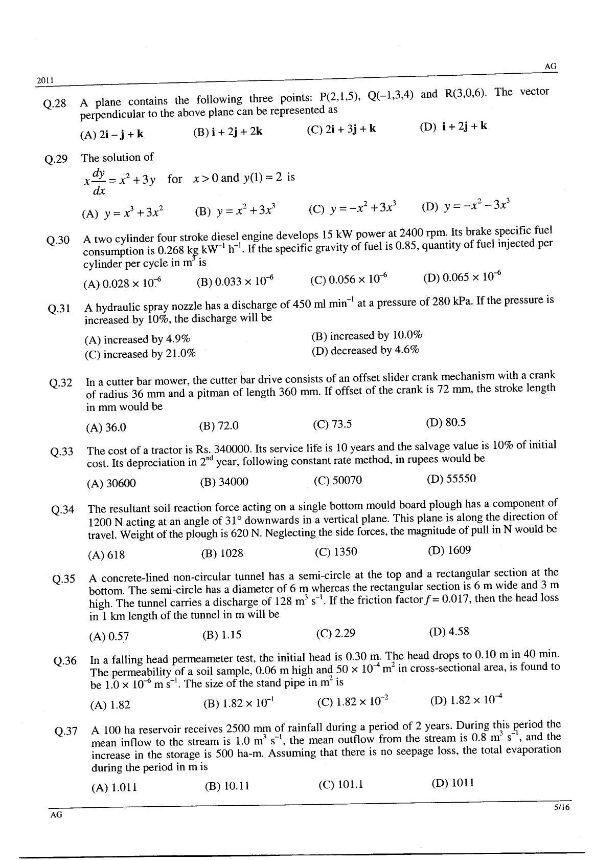 GATE 2011 Agricultural Engineering (AG) Question Paper with Answer Key - Page 5