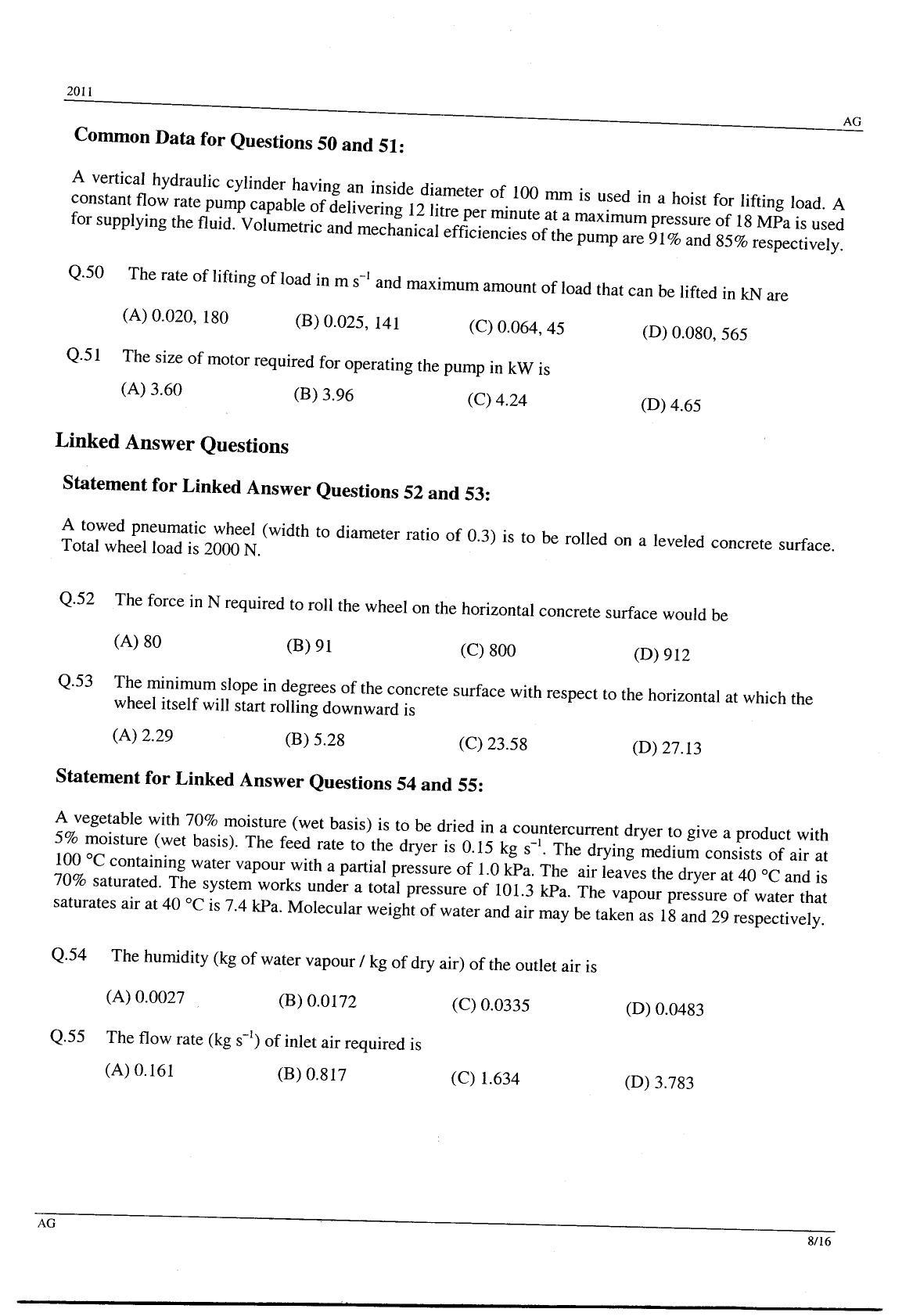 GATE 2011 Agricultural Engineering (AG) Question Paper with Answer Key - Page 8