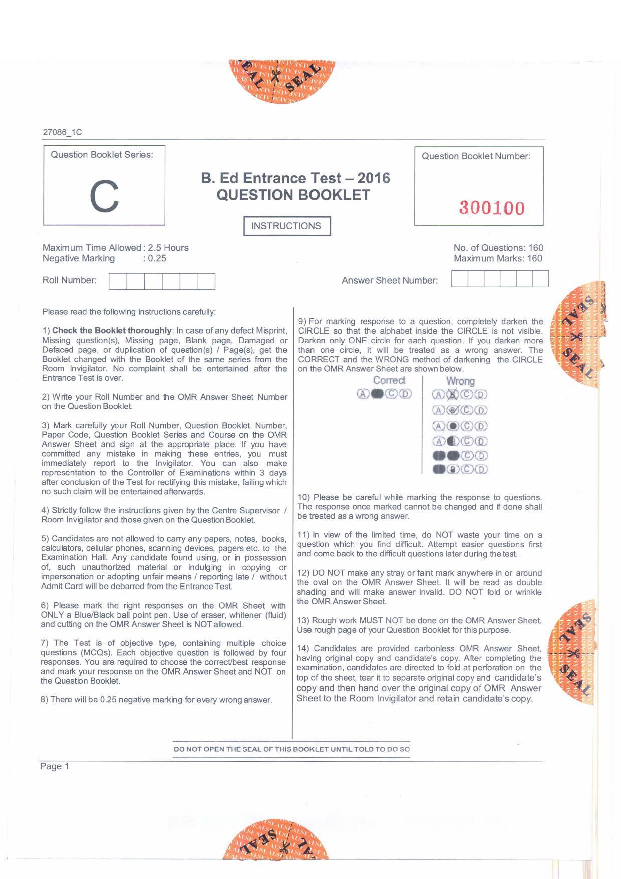  JKBOPEE B.Ed 2016 Question Paper - Page 1