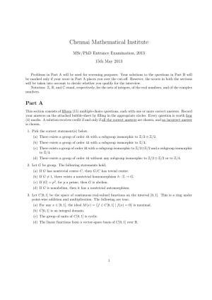 CMI Entrance Exam 2013 Question Paper MSc/PhD Mathematics