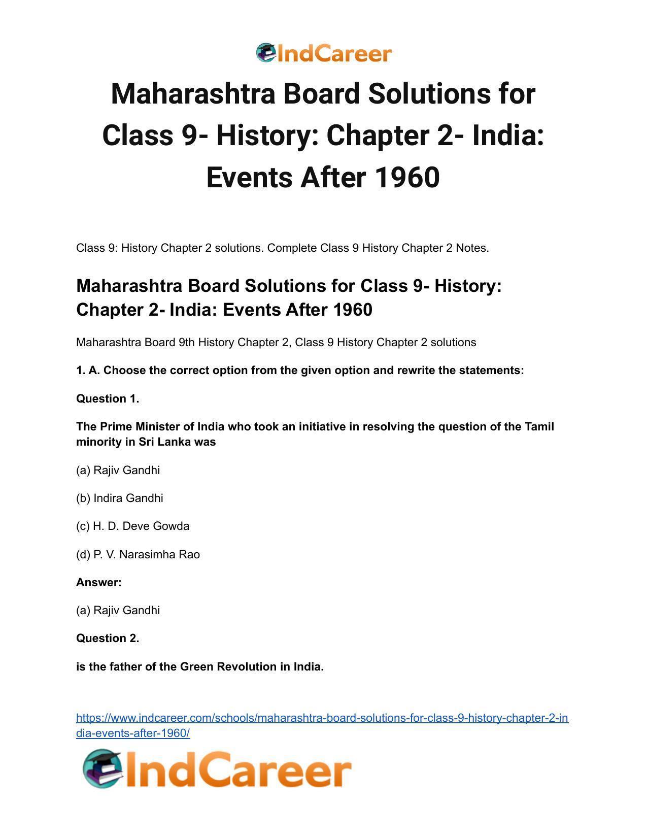 Maharashtra Board Solutions for Class 9- History: Chapter 2- India: Events After 1960 - Page 2