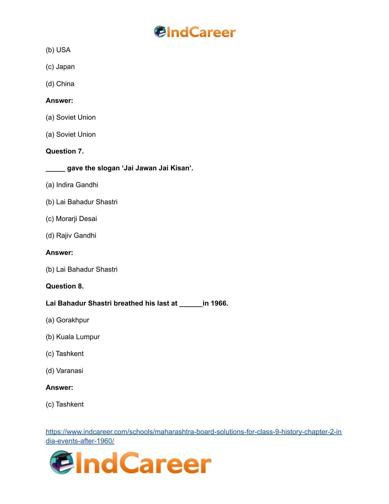 Maharashtra Board Solutions for Class 9- History: Chapter 2- India: Events After 1960 - Page 10