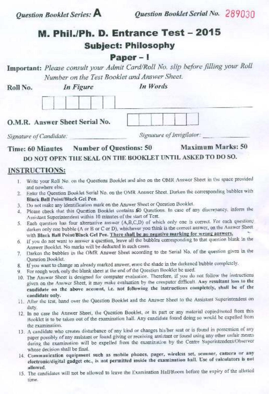 PU MPET Philosophy 2015 Question Paper - Page 1