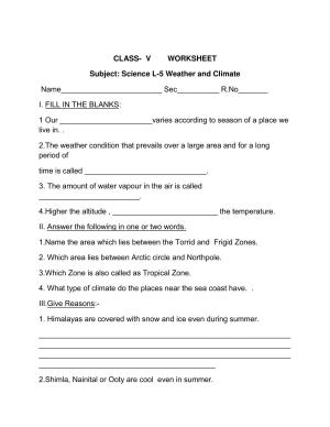 Worksheet for Class 5 Environmental Studies Weather and Climate Assignment