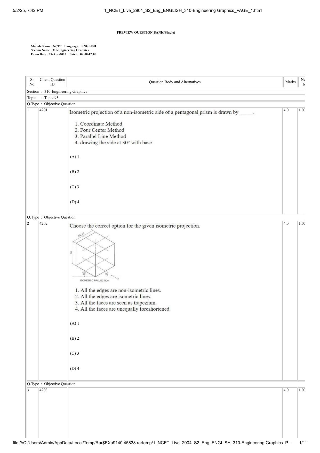 NCET 2025 Question Paper - Engineering Graphics - Page 1