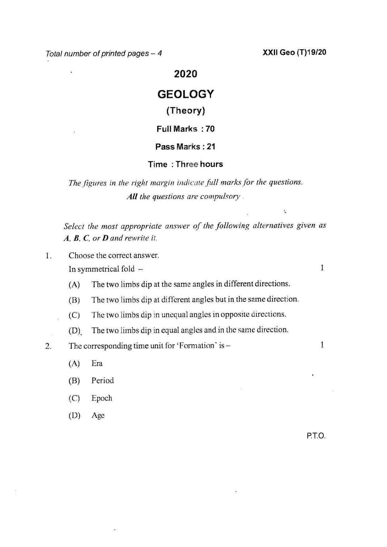 COHSEM Class 12 Geology Question Papers 2020 - Page 1