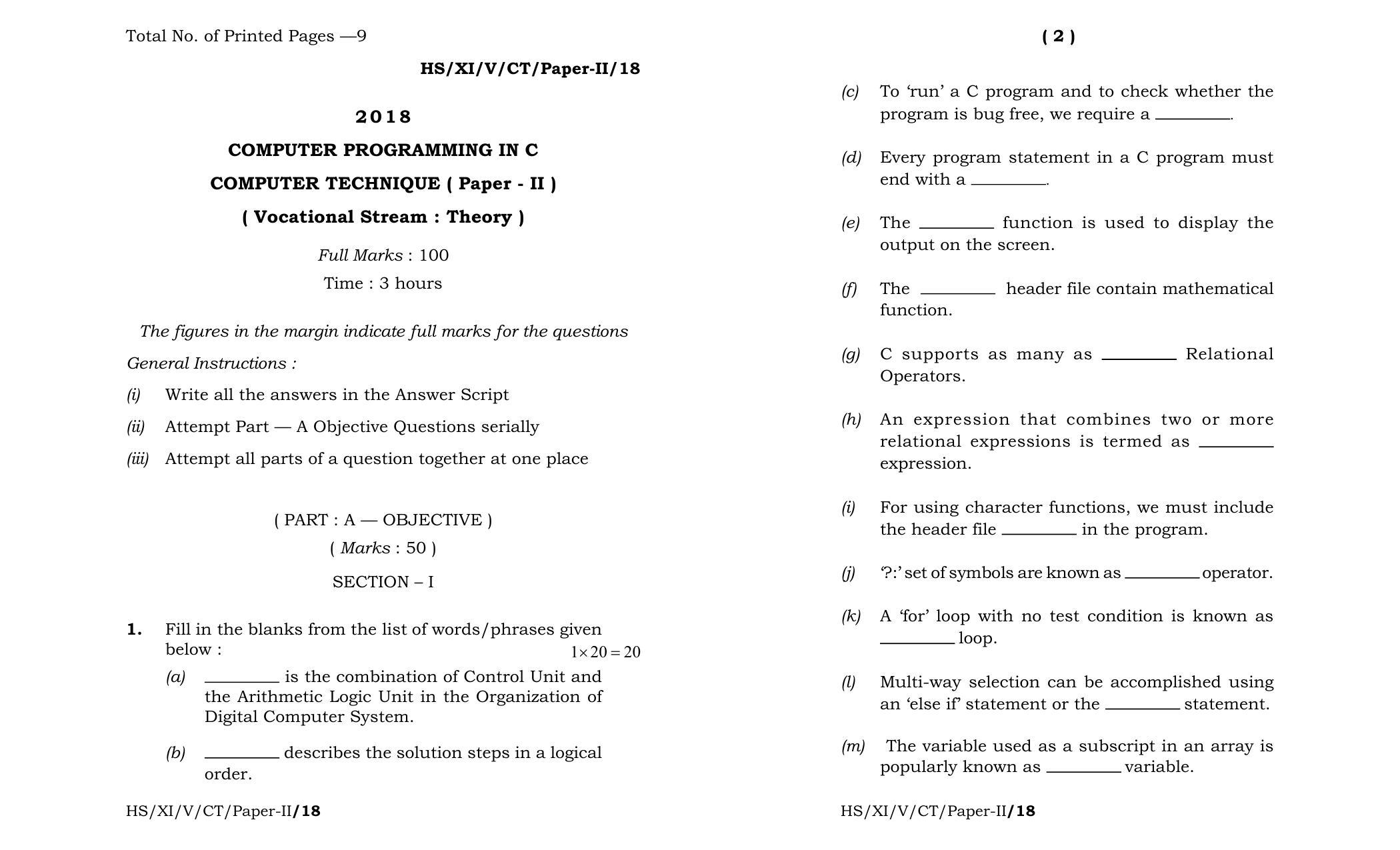 Meghalaya Board (MBOSE) Class 11 Computer_Techniqe_Paper-II 2018 Question Paper - Page 1