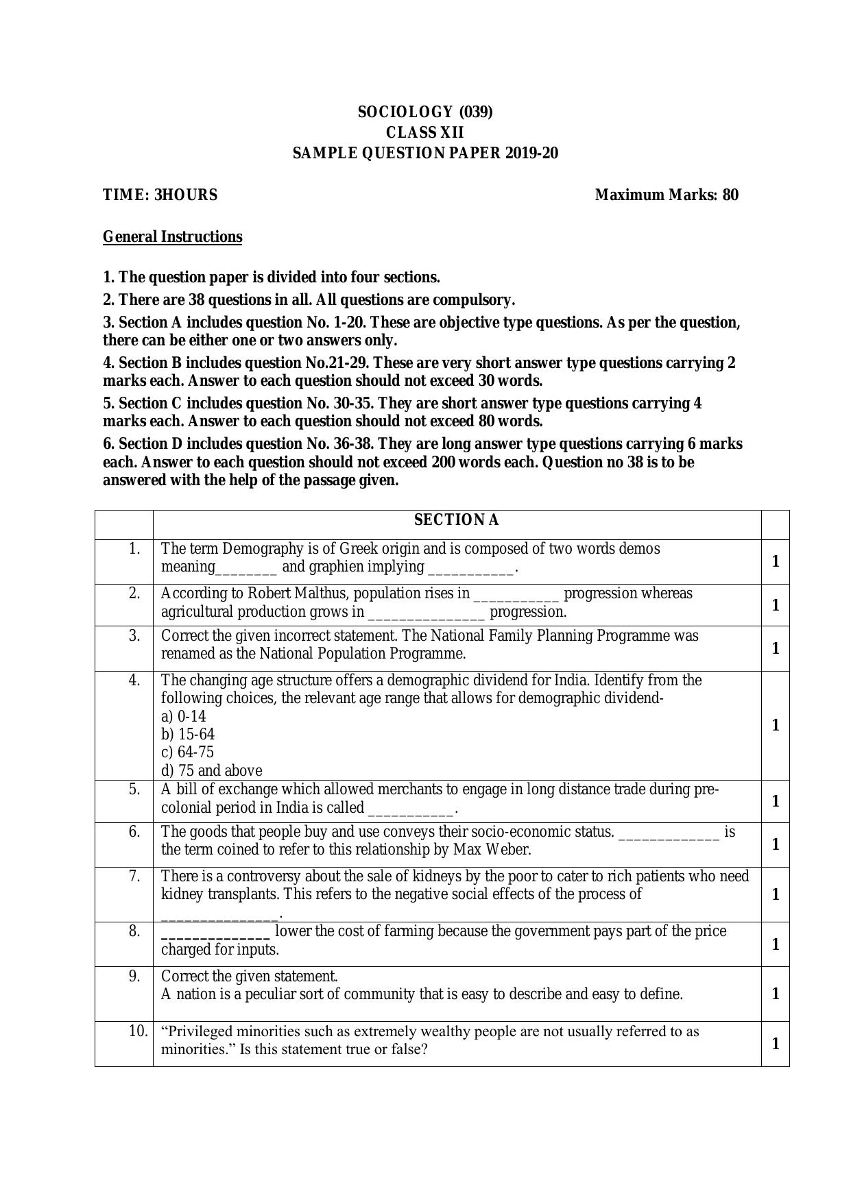 CBSE Class 12 Sociology -Sample Paper 2019-20 - Page 1