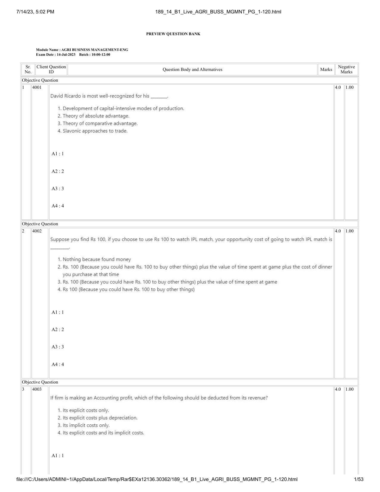 ICAR AIEEA PG 2023 AGRI BUSINESS MANAGEMENT Question Paper - 14-07-2023 - Page 1
