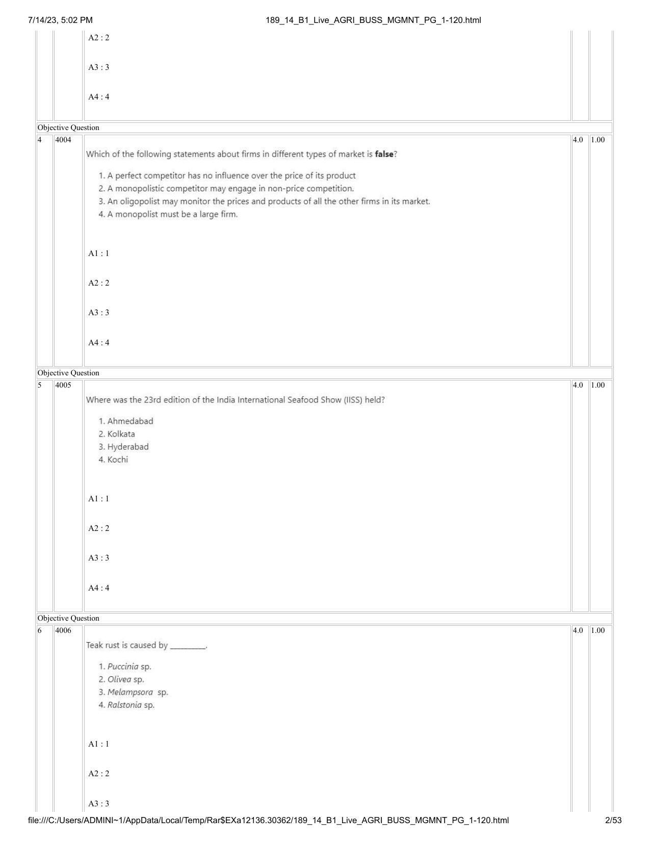 ICAR AIEEA PG 2023 AGRI BUSINESS MANAGEMENT Question Paper - 14-07-2023 - Page 2