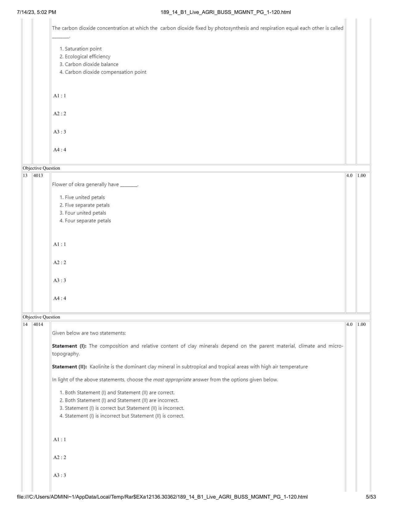 ICAR AIEEA PG 2023 AGRI BUSINESS MANAGEMENT Question Paper - 14-07-2023 - Page 5