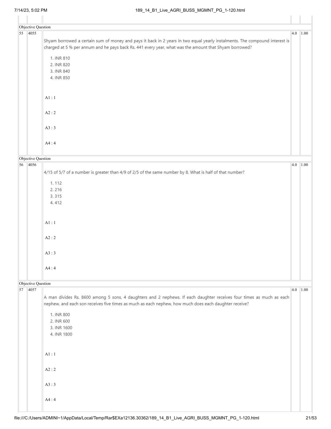 ICAR AIEEA PG 2023 AGRI BUSINESS MANAGEMENT Question Paper - 14-07-2023 - Page 21