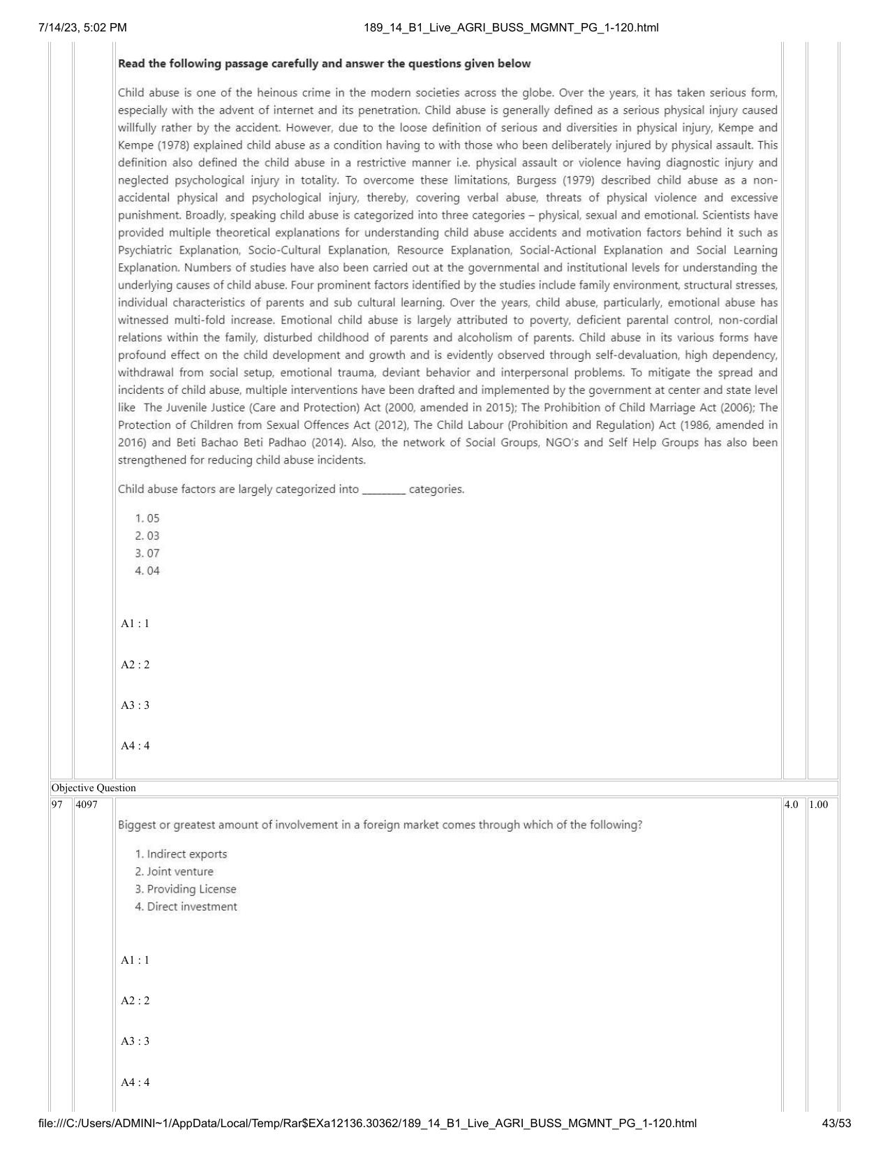 ICAR AIEEA PG 2023 AGRI BUSINESS MANAGEMENT Question Paper - 14-07-2023 - Page 43