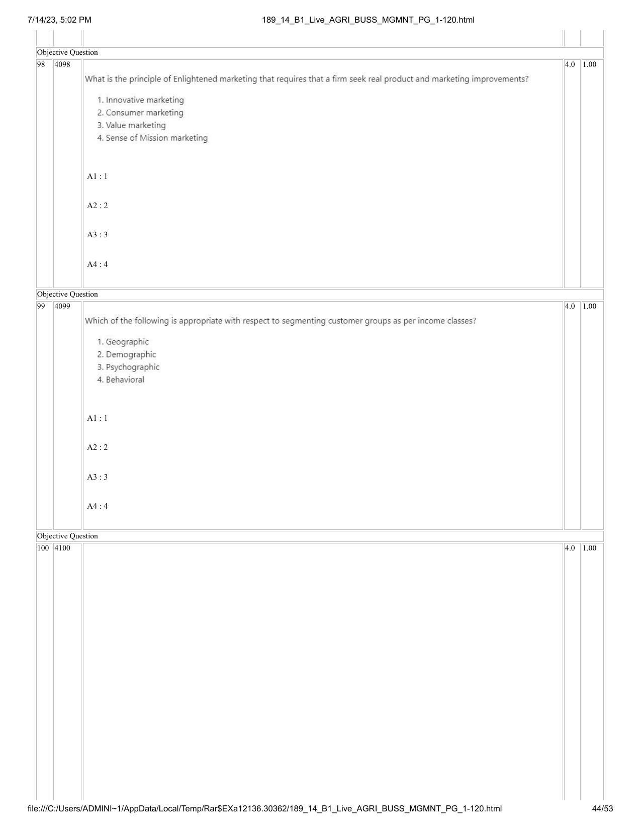 ICAR AIEEA PG 2023 AGRI BUSINESS MANAGEMENT Question Paper - 14-07-2023 - Page 44