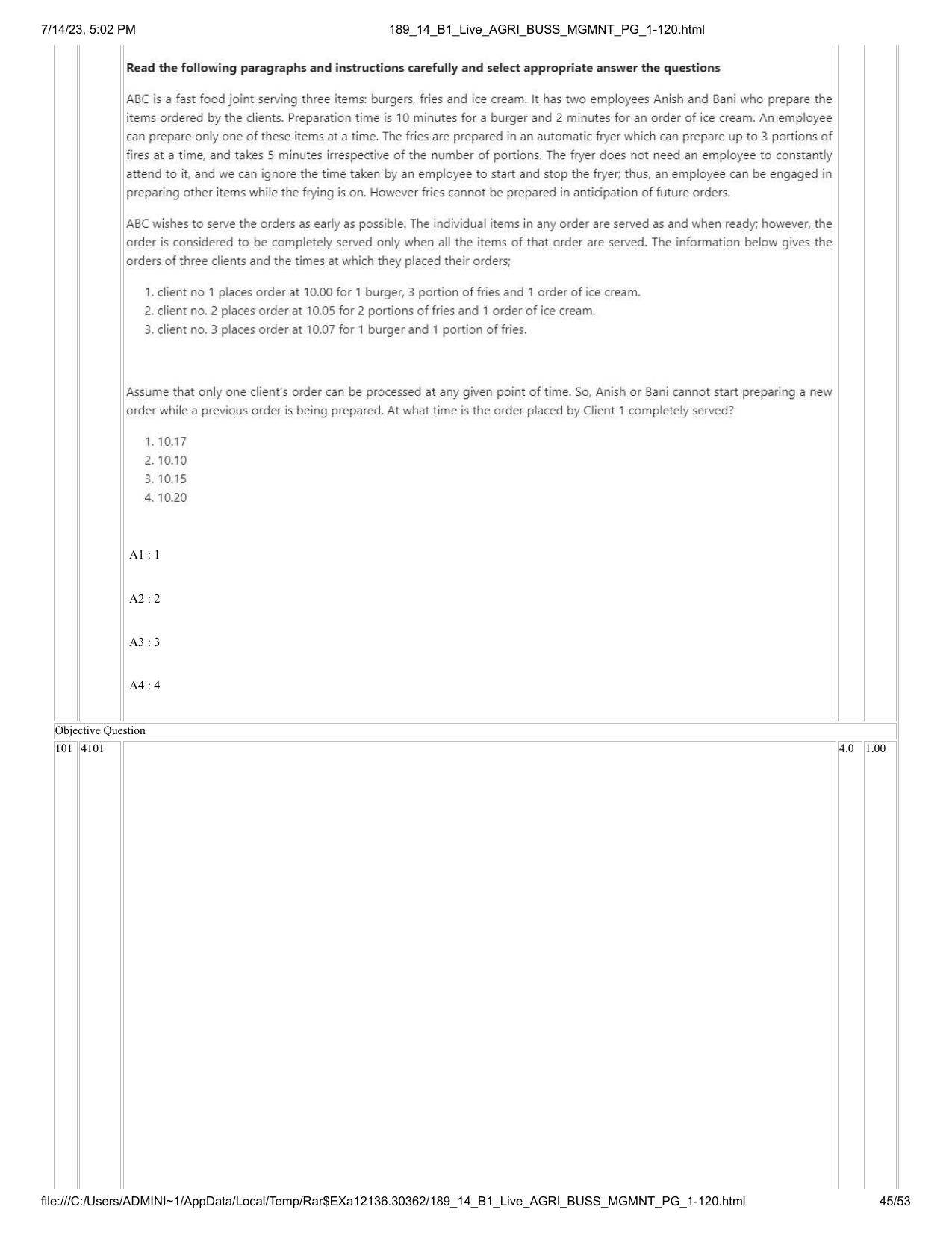 ICAR AIEEA PG 2023 AGRI BUSINESS MANAGEMENT Question Paper - 14-07-2023 - Page 45