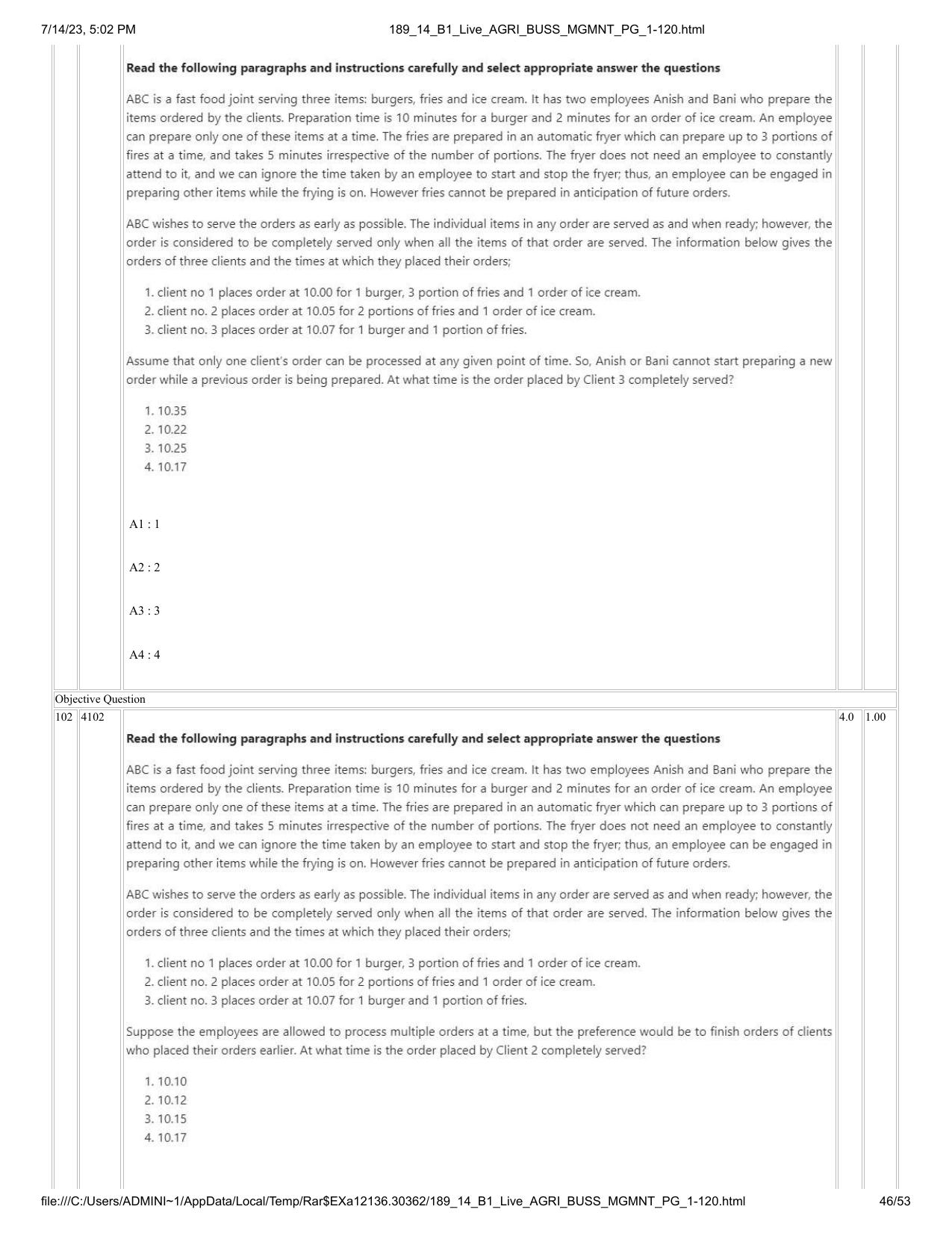 ICAR AIEEA PG 2023 AGRI BUSINESS MANAGEMENT Question Paper - 14-07-2023 - Page 46