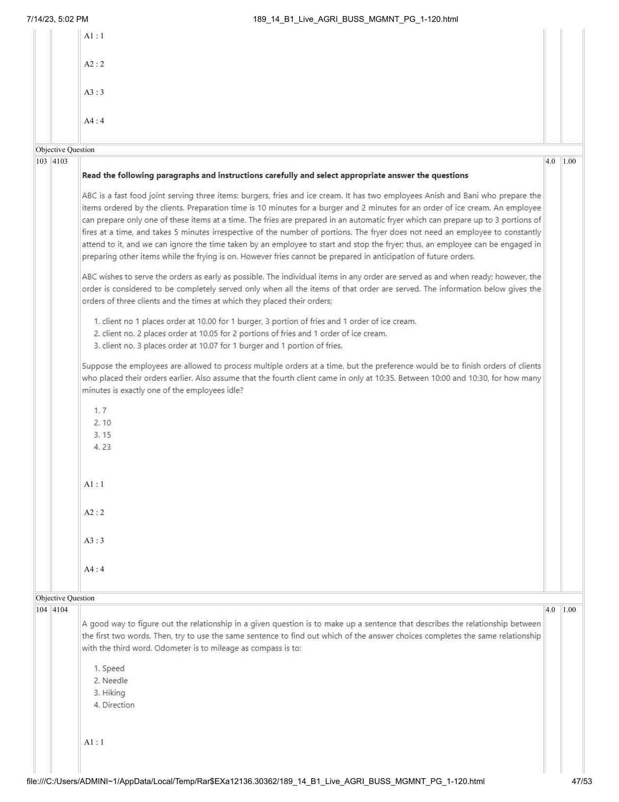 ICAR AIEEA PG 2023 AGRI BUSINESS MANAGEMENT Question Paper - 14-07-2023 - Page 47