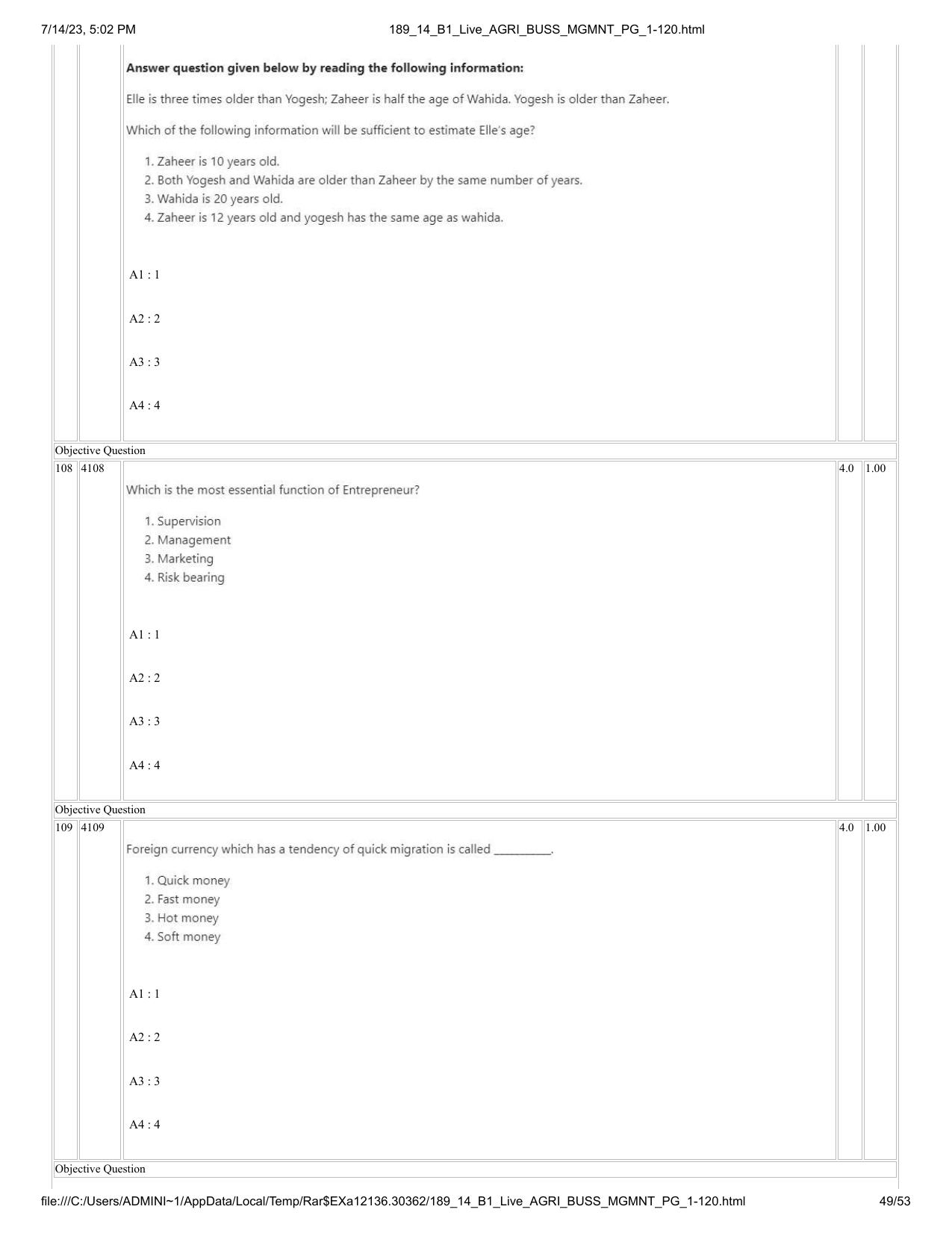 ICAR AIEEA PG 2023 AGRI BUSINESS MANAGEMENT Question Paper - 14-07-2023 - Page 49