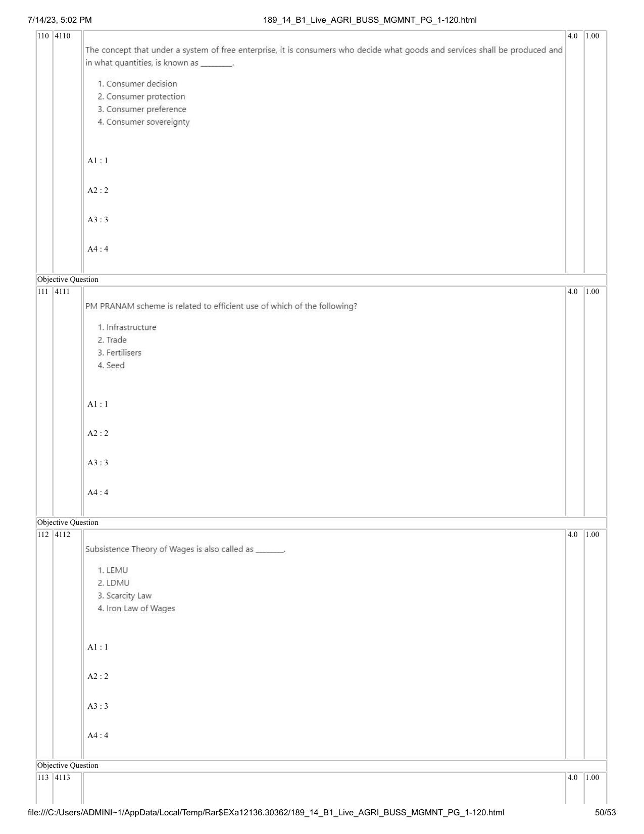 ICAR AIEEA PG 2023 AGRI BUSINESS MANAGEMENT Question Paper - 14-07-2023 - Page 50