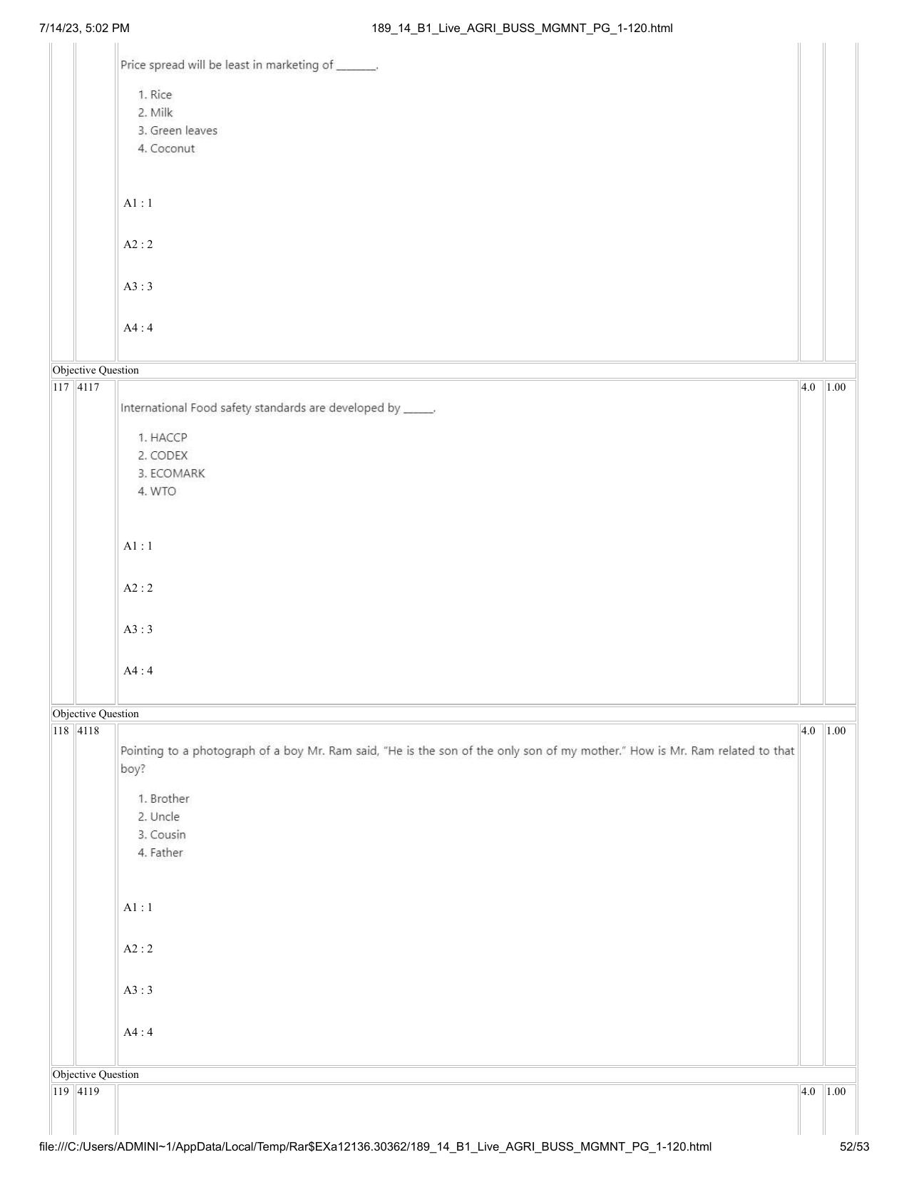 ICAR AIEEA PG 2023 AGRI BUSINESS MANAGEMENT Question Paper - 14-07-2023 - Page 52
