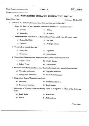 SSUS Entrance Exam Geography 2021 Question Paper